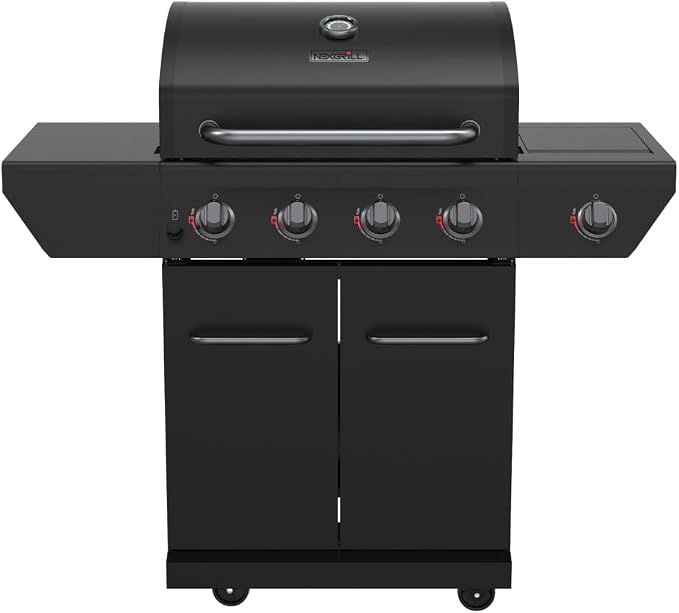 Propane 4 Burner Gas Grill, 2-In-1 Charcoal Tray with Side Burner | Offers 60000 BTUs, Built-In Thermometer, Electronic Ignition, 626 SQ In Cooking Space, Enclosed Storage, 4 Wheel Transport