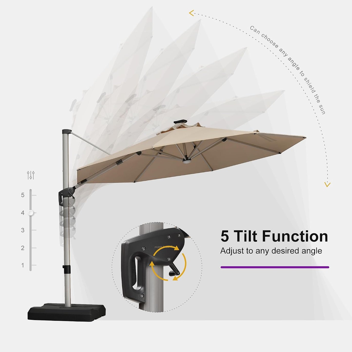 Cantilever Patio Umbrella 11ft Round Solar LED Light, Terra | Support to reduce shaking, Anti-UV & keep vivid color, 6-Level height adjustment, Base Required, Secure Support, Eye-friendly