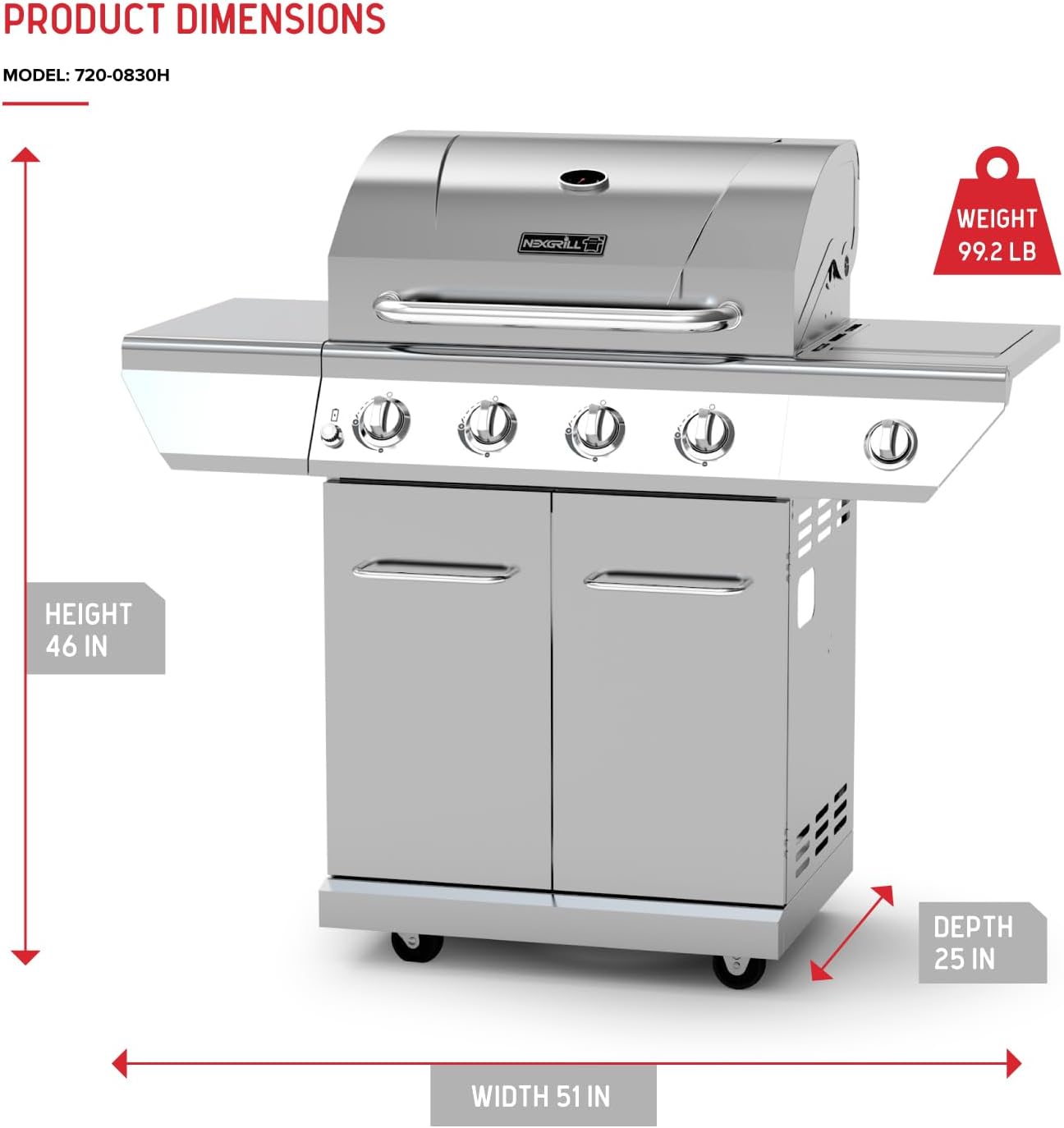 Propane 4 Burner Gas Grill, 2-In-1 Charcoal Tray with Side Burner | Offers 60000 BTUs, Built-In Thermometer, Electronic Ignition, 626 SQ In Cooking Space, Enclosed Storage, 4 Wheel Transport