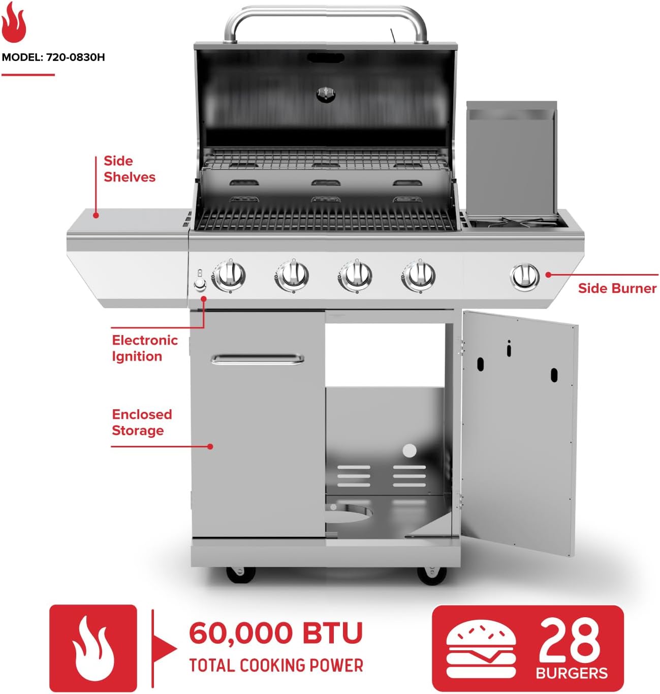 Propane 4 Burner Gas Grill, 2-In-1 Charcoal Tray with Side Burner | Offers 60000 BTUs, Built-In Thermometer, Electronic Ignition, 626 SQ In Cooking Space, Enclosed Storage, 4 Wheel Transport