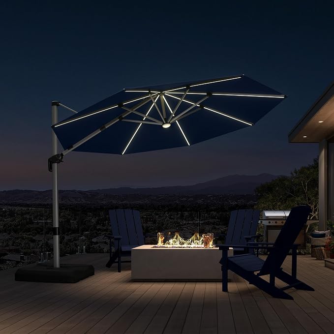 Cantilever Patio Umbrella 11ft Round Solar LED Light, Terra | Support to reduce shaking, Anti-UV & keep vivid color, 6-Level height adjustment, Base Required, Secure Support, Eye-friendly