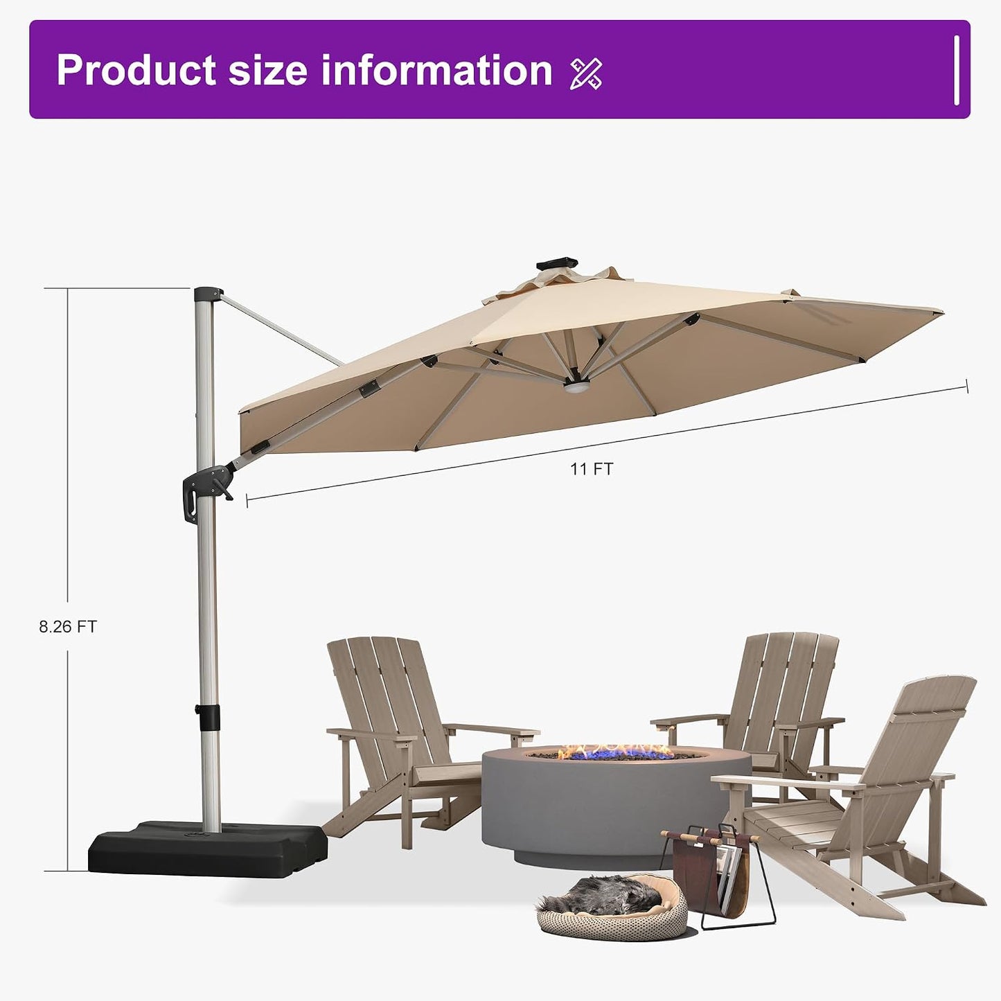 Cantilever Patio Umbrella 11ft Round Solar LED Light, Terra | Support to reduce shaking, Anti-UV & keep vivid color, 6-Level height adjustment, Base Required, Secure Support, Eye-friendly
