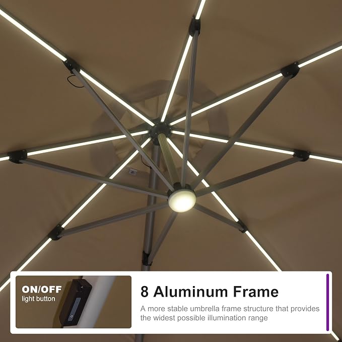 Cantilever Patio Umbrella 11ft Round Solar LED Light, Terra | Support to reduce shaking, Anti-UV & keep vivid color, 6-Level height adjustment, Base Required, Secure Support, Eye-friendly