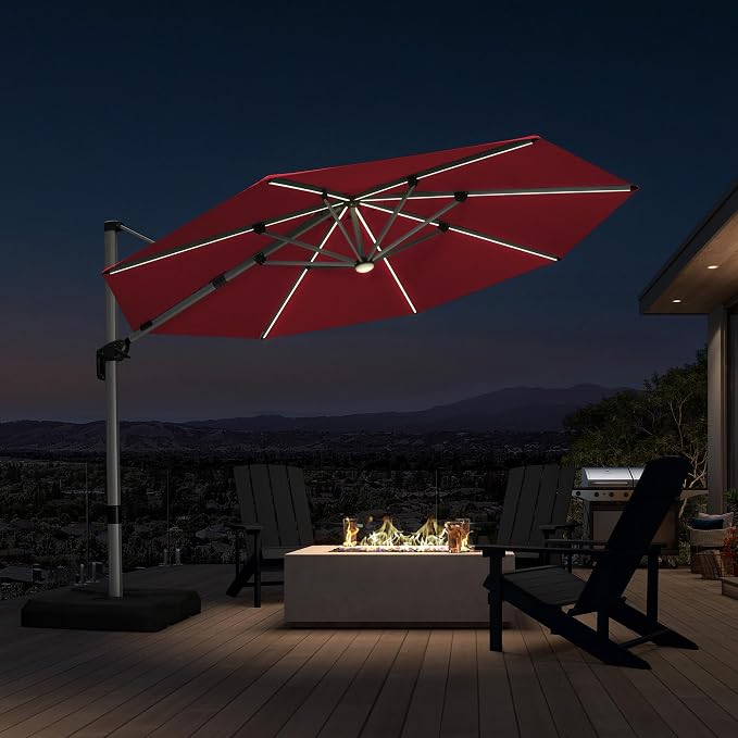 Cantilever Patio Umbrella 11ft Round Solar LED Light, Terra | Support to reduce shaking, Anti-UV & keep vivid color, 6-Level height adjustment, Base Required, Secure Support, Eye-friendly