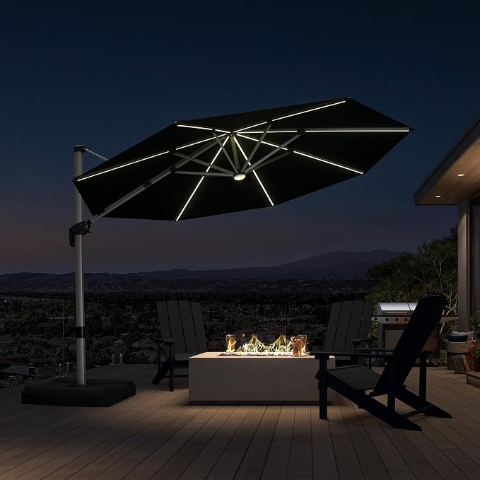 Cantilever Patio Umbrella 11ft Round Solar LED Light, Terra | Support to reduce shaking, Anti-UV & keep vivid color, 6-Level height adjustment, Base Required, Secure Support, Eye-friendly