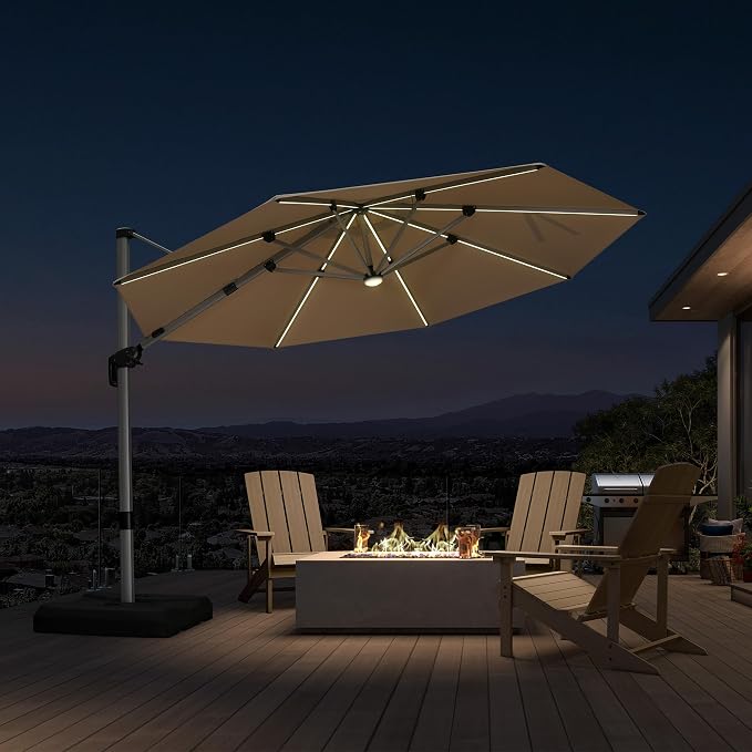 Cantilever Patio Umbrella 11ft Round Solar LED Light, Terra | Support to reduce shaking, Anti-UV & keep vivid color, 6-Level height adjustment, Base Required, Secure Support, Eye-friendly
