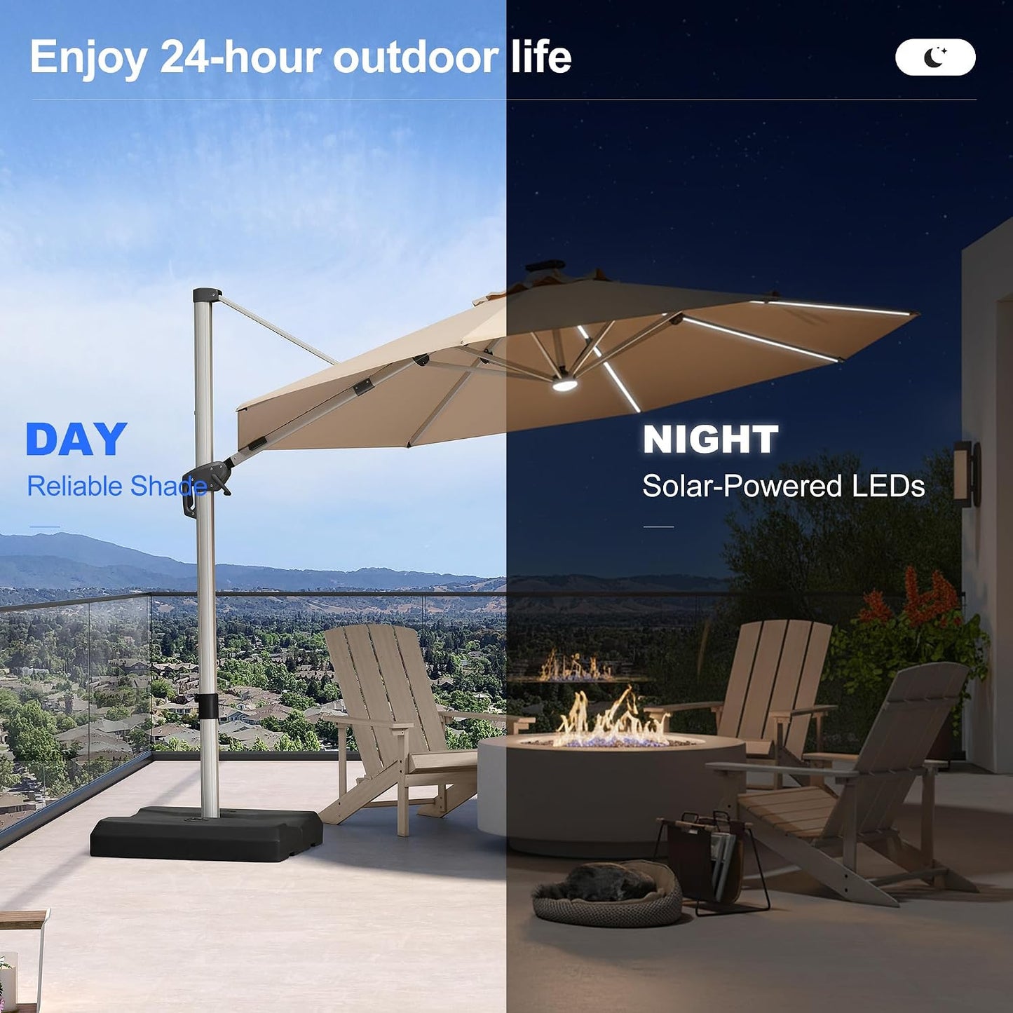 Cantilever Patio Umbrella 11ft Round Solar LED Light, Terra | Support to reduce shaking, Anti-UV & keep vivid color, 6-Level height adjustment, Base Required, Secure Support, Eye-friendly