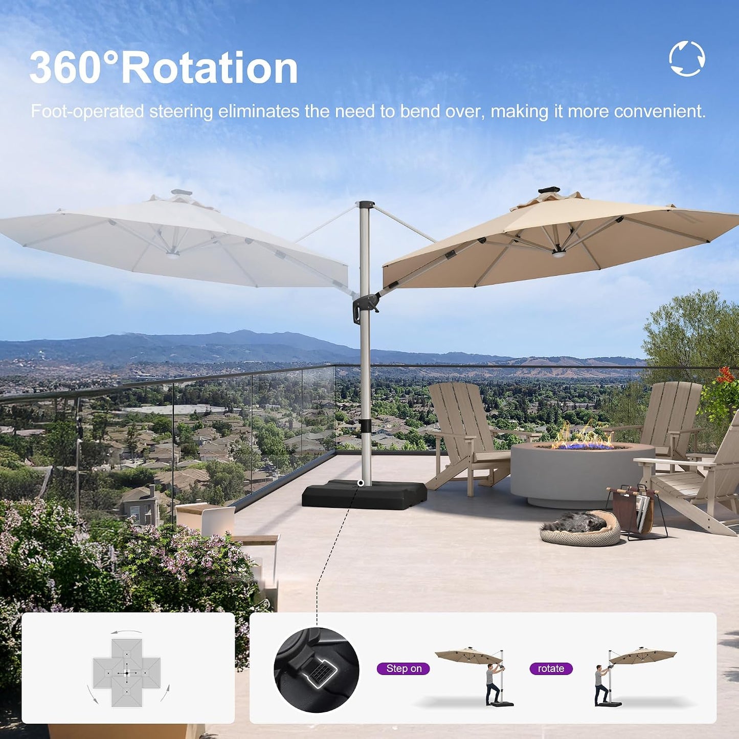Cantilever Patio Umbrella 11ft Round Solar LED Light, Terra | Support to reduce shaking, Anti-UV & keep vivid color, 6-Level height adjustment, Base Required, Secure Support, Eye-friendly